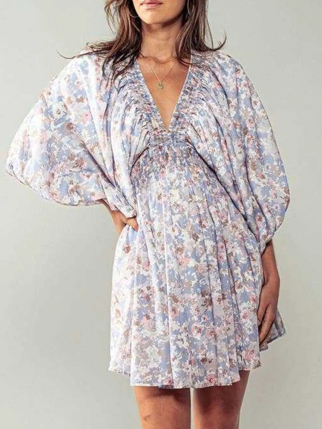 Floral V-Neck Balloon Sleeve Dress.