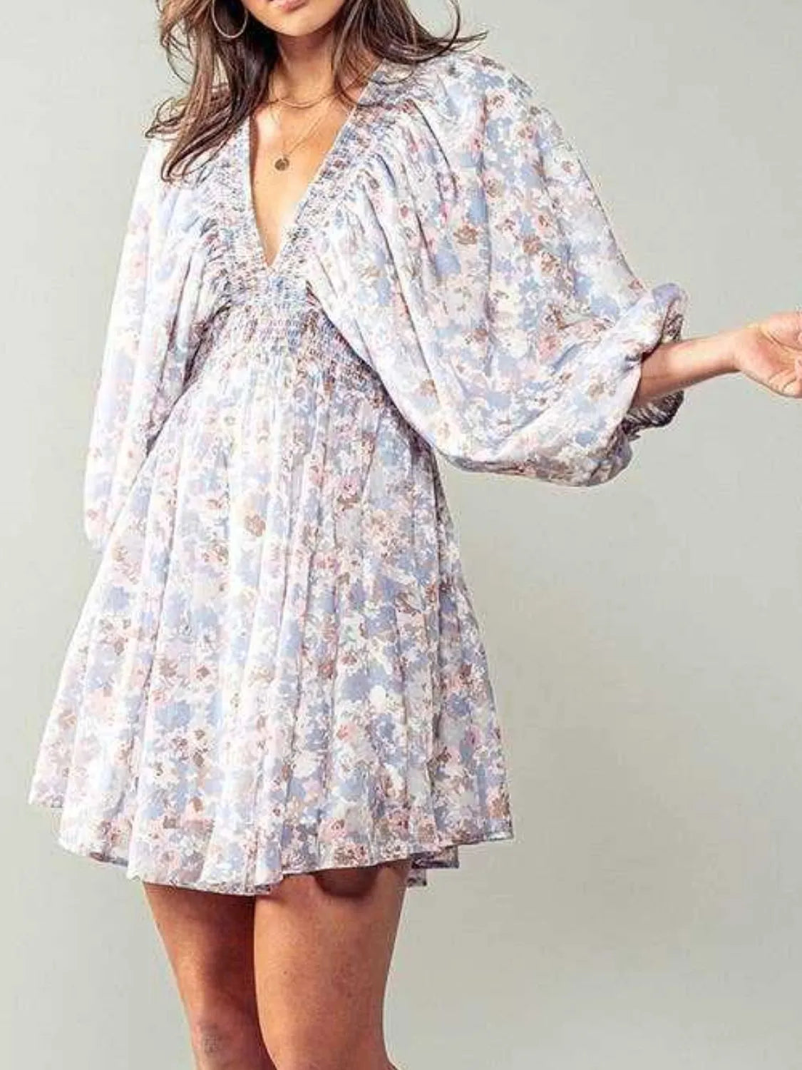 Floral V-Neck Balloon Sleeve Dress.