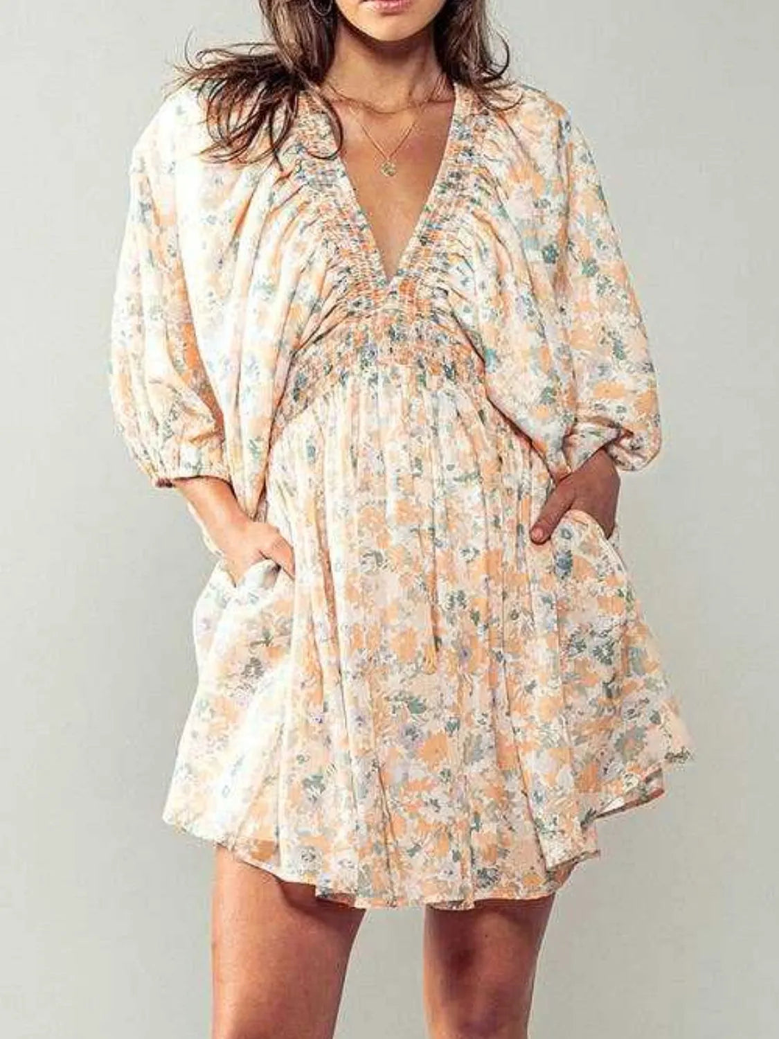 Floral V-Neck Balloon Sleeve Dress.