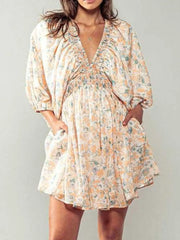 Floral V-Neck Balloon Sleeve Dress.