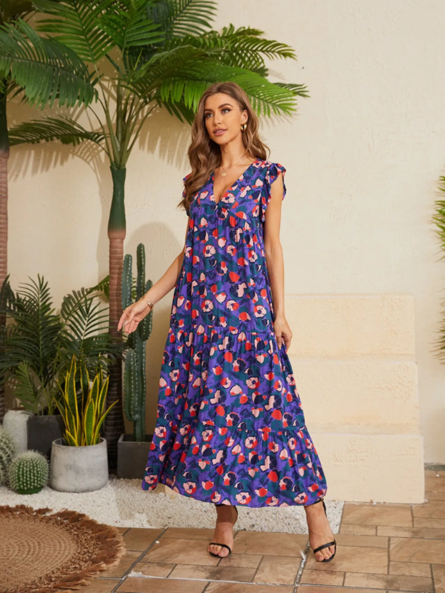 Floral V-Neck Cap Sleeve Summer Dress.
