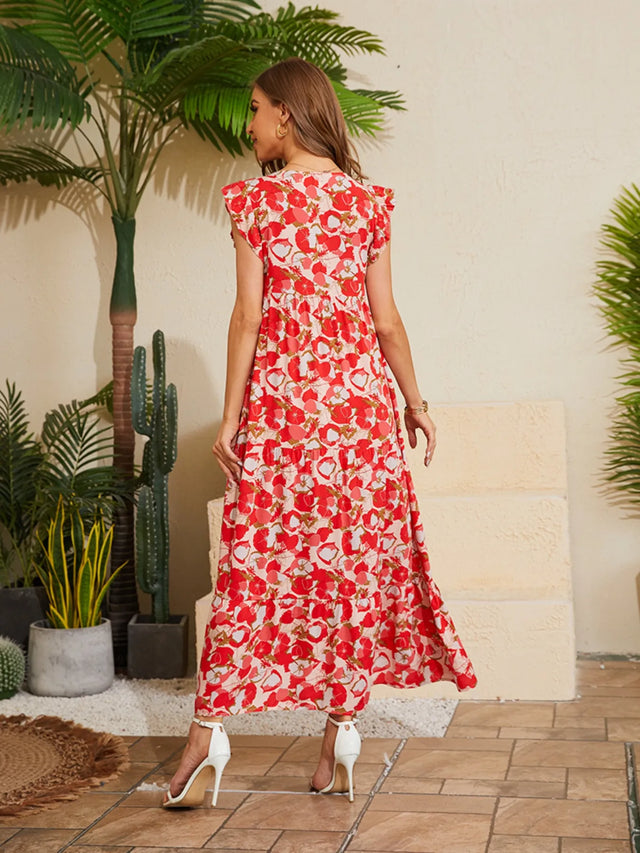 Floral V-Neck Cap Sleeve Summer Dress.