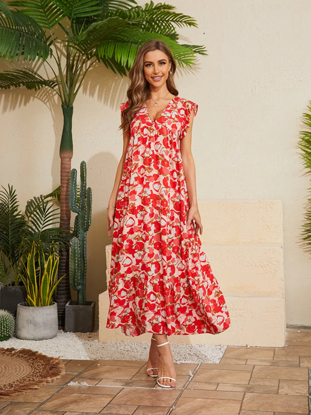Floral V-Neck Cap Sleeve Summer Dress.