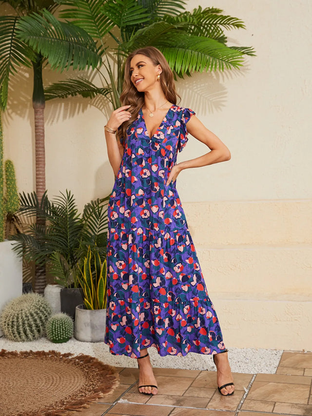 Floral V-Neck Cap Sleeve Summer Dress.