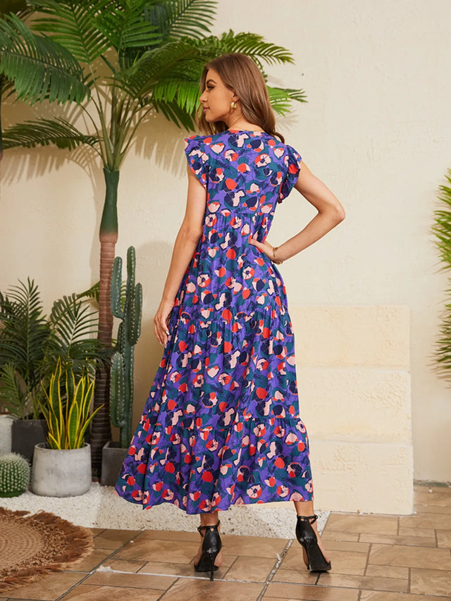 Floral V-Neck Cap Sleeve Summer Dress.