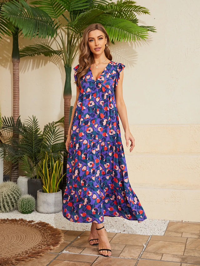 Floral V-Neck Cap Sleeve Summer Dress.