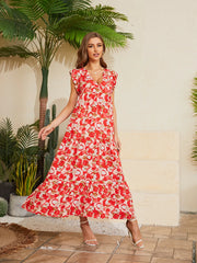 Floral V-Neck Cap Sleeve Summer Dress.