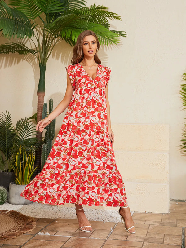 Floral V-Neck Cap Sleeve Summer Dress.
