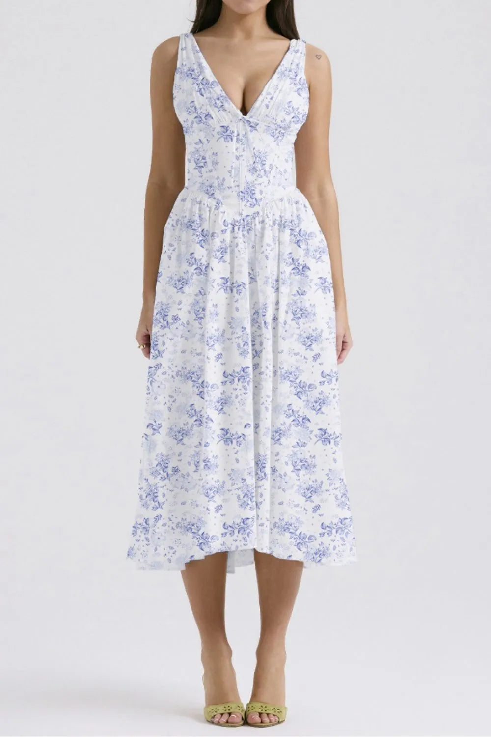 Floral V-Neck Sleeveless Midi Dress with Pockets.
