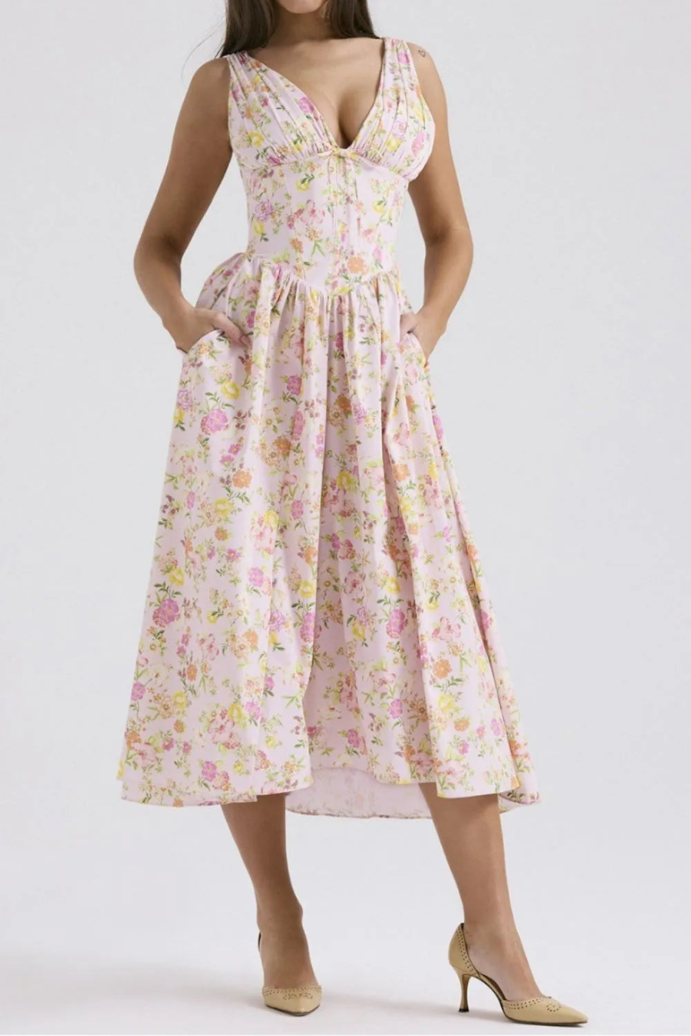 Floral V-Neck Sleeveless Midi Dress with Pockets.