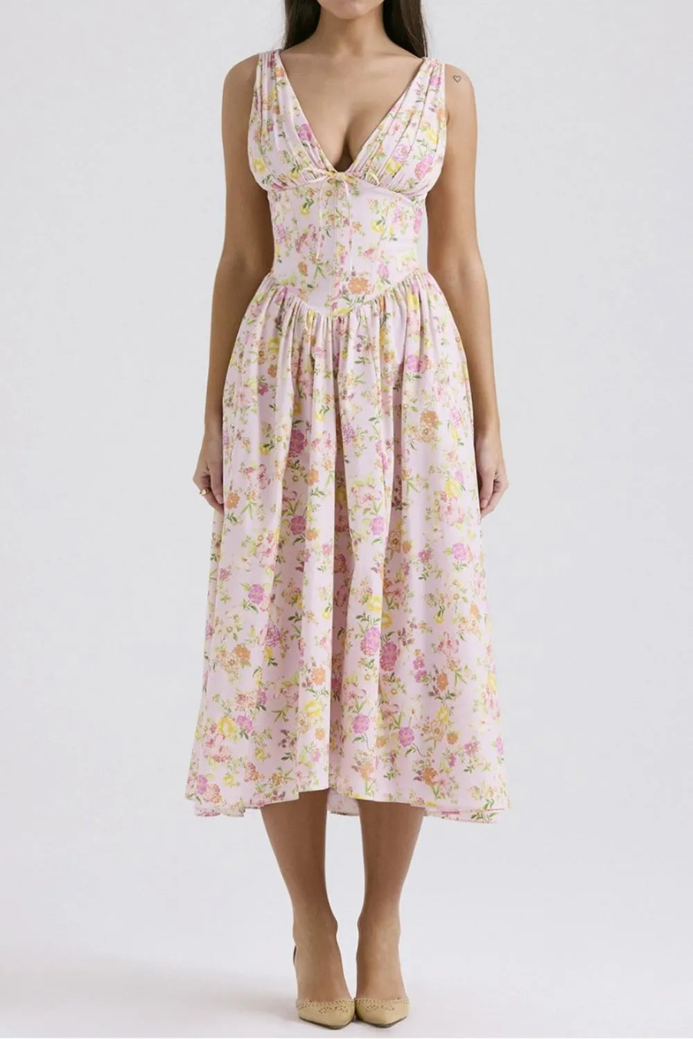 Floral V-Neck Sleeveless Midi Dress with Pockets.