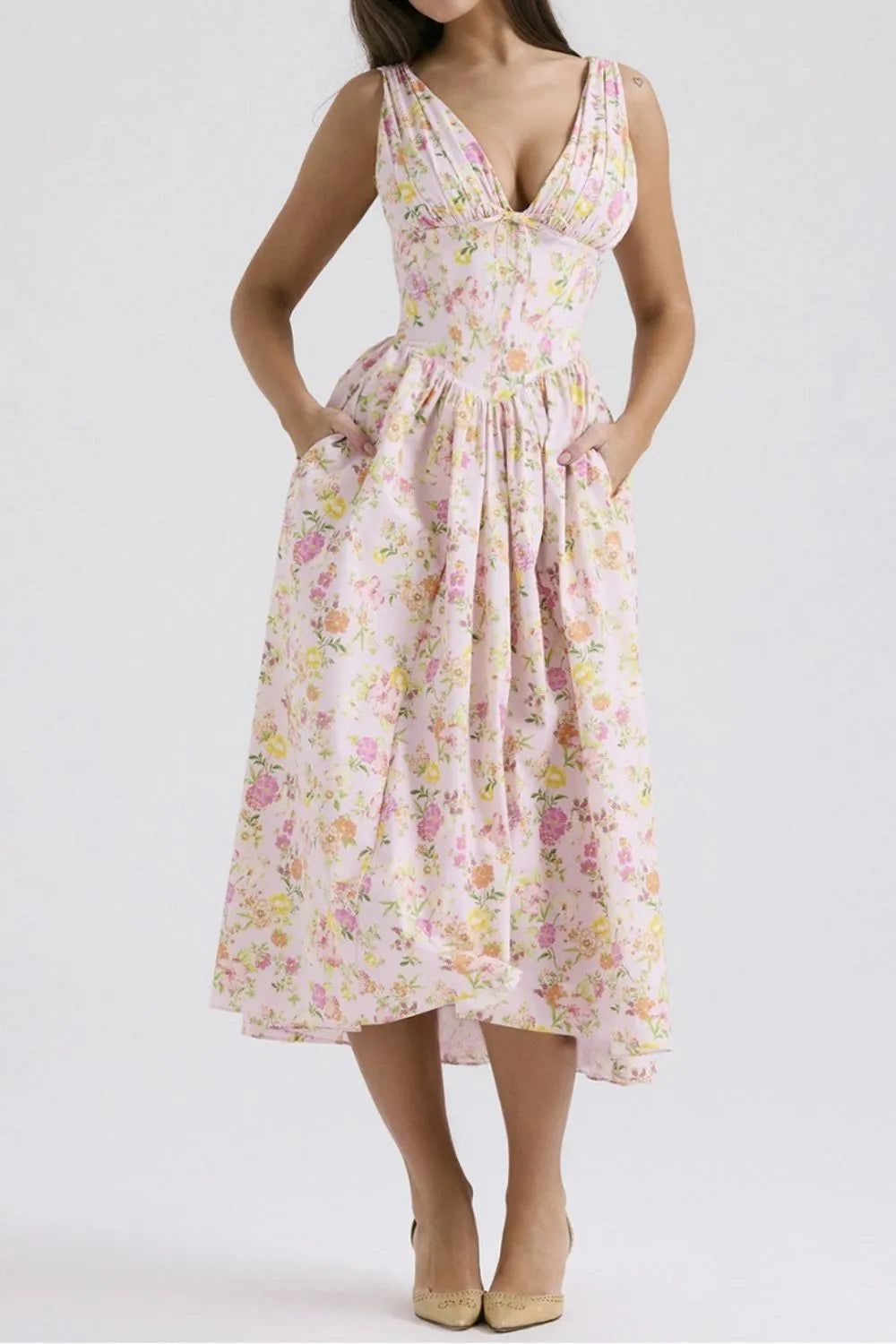 Floral V-Neck Sleeveless Midi Dress with Pockets.