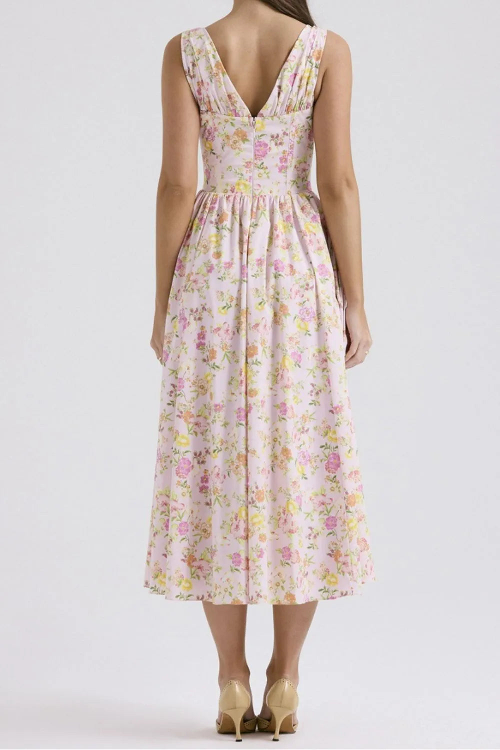 Floral V-Neck Sleeveless Midi Dress with Pockets.