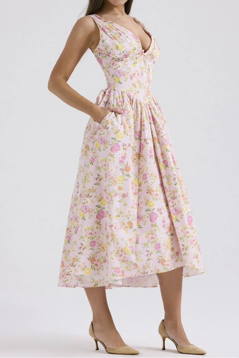 Floral V-Neck Sleeveless Midi Dress with Pockets.