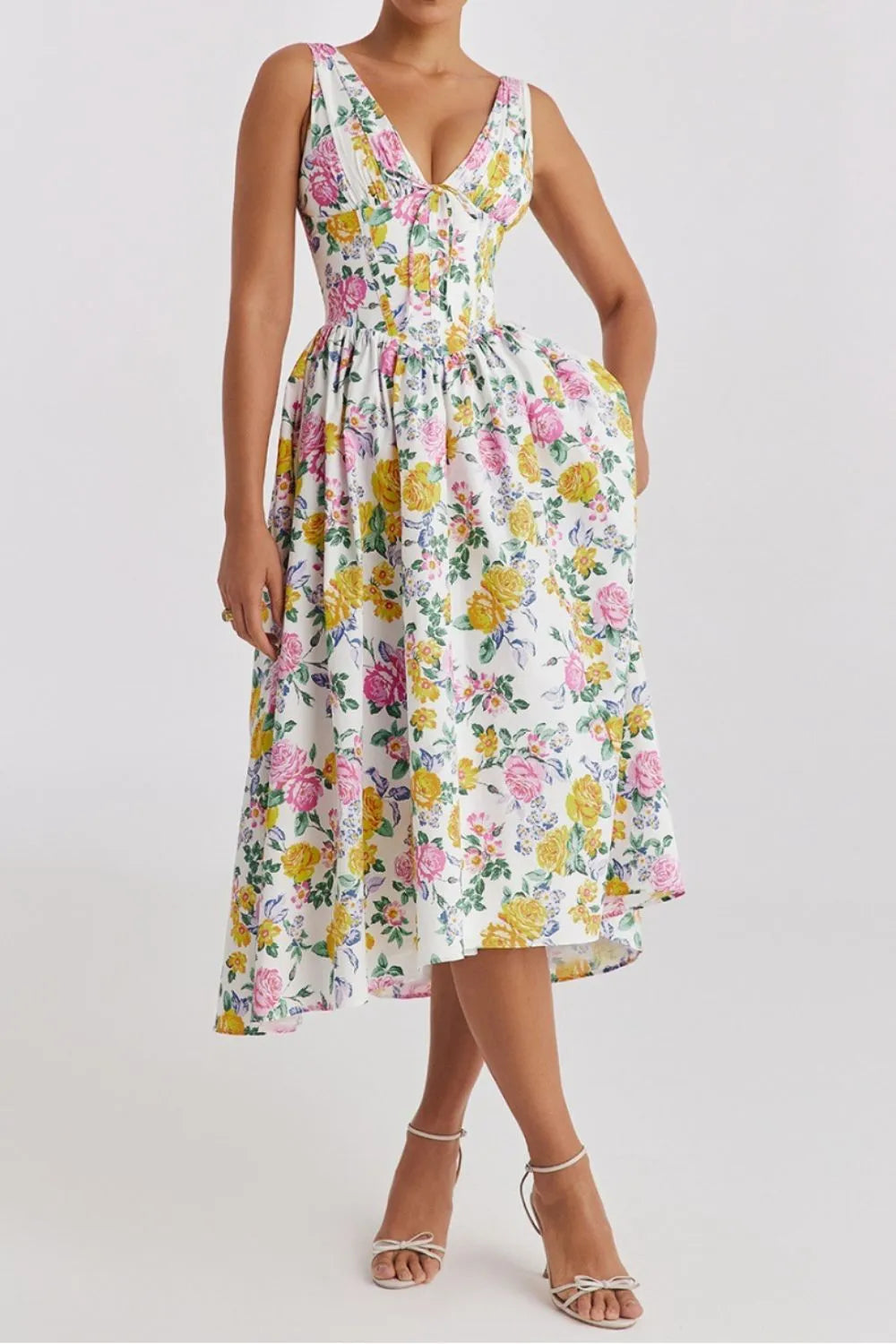 Floral V-Neck Sleeveless Midi Dress with Pockets.