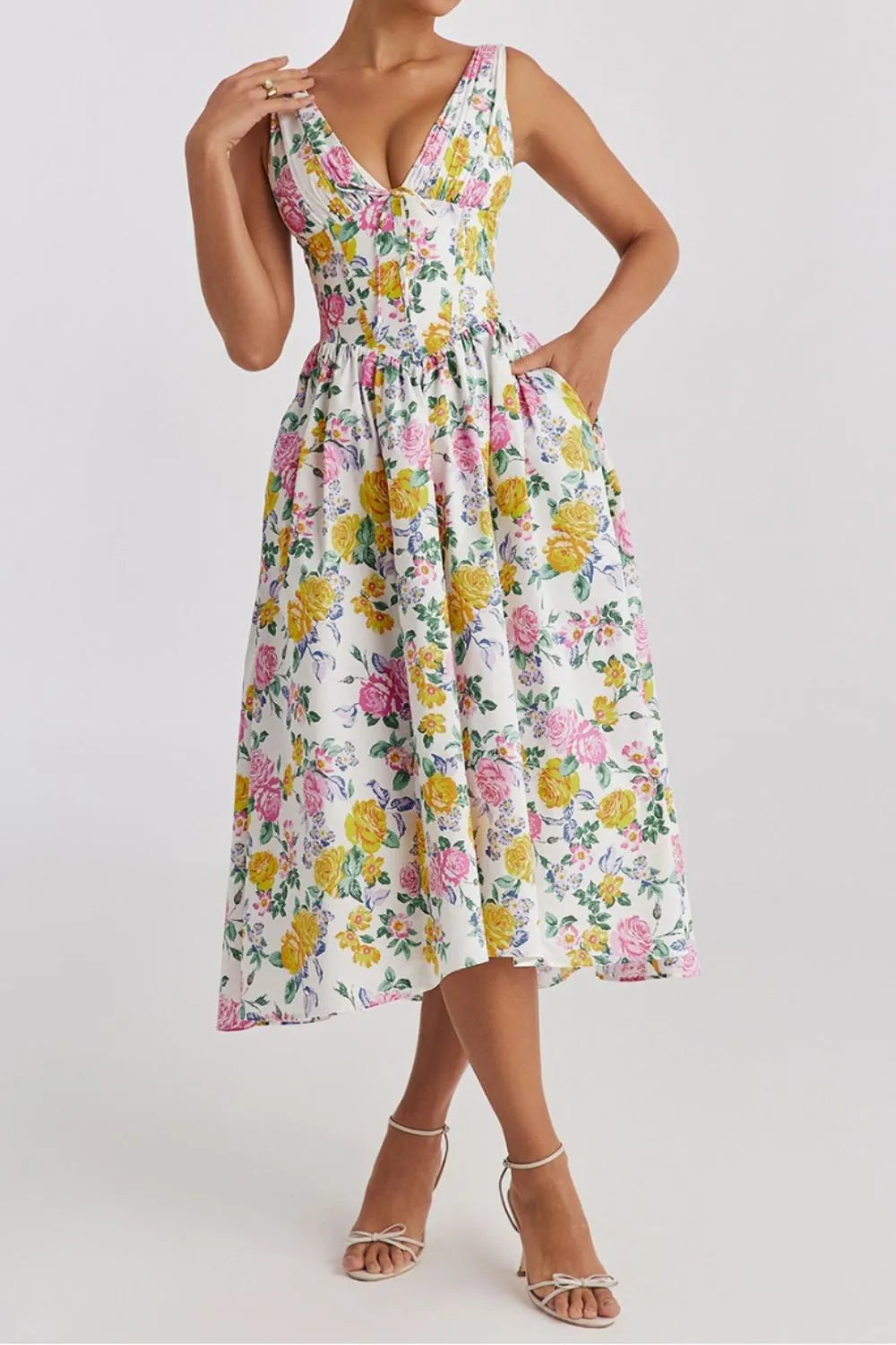 Floral V-Neck Sleeveless Midi Dress with Pockets.