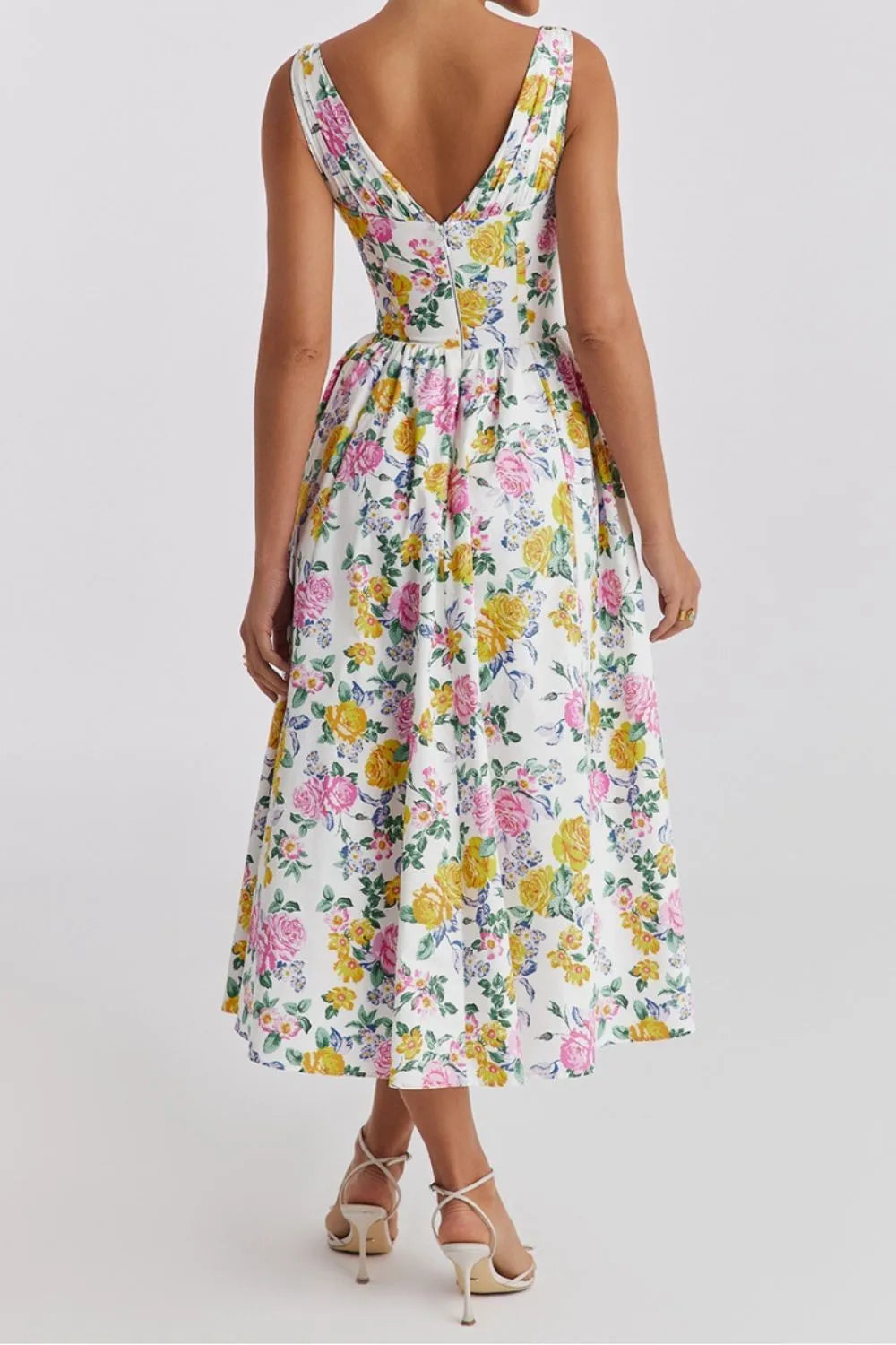 Floral V-Neck Sleeveless Midi Dress with Pockets.