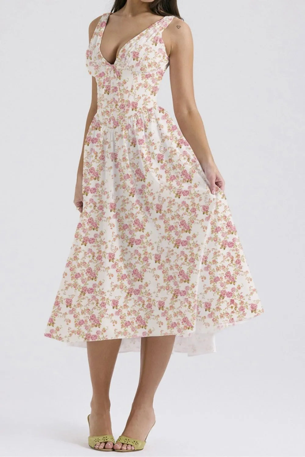 Floral V-Neck Sleeveless Midi Dress with Pockets.