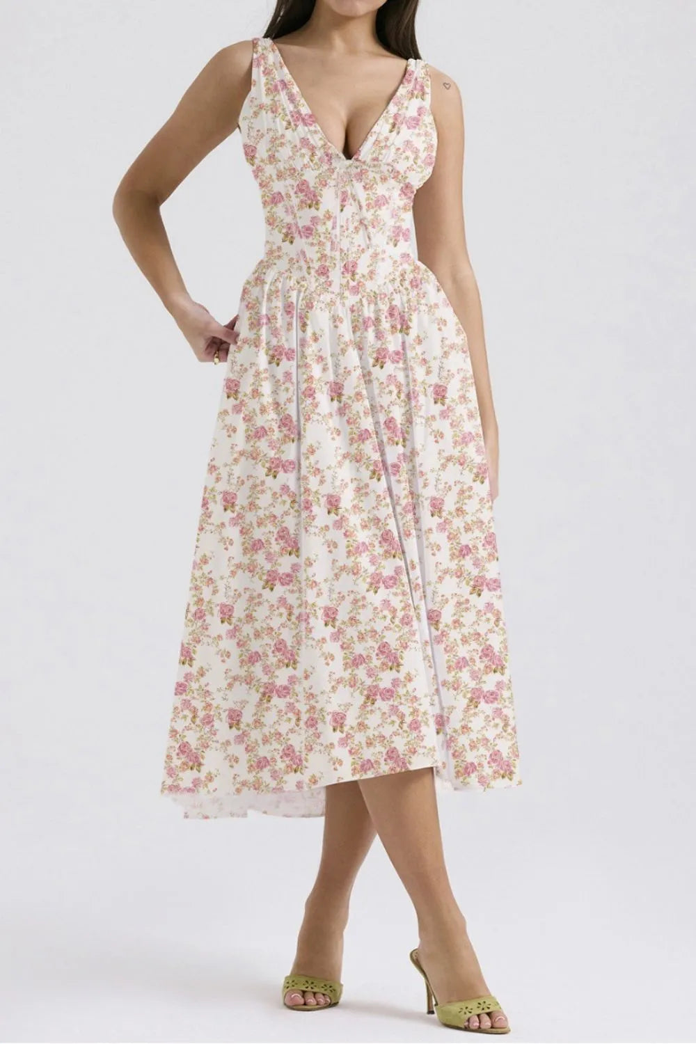 Floral V-Neck Sleeveless Midi Dress with Pockets.