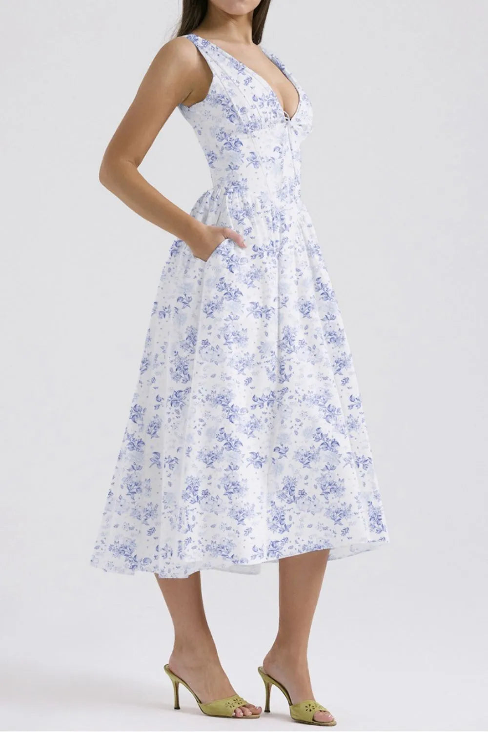 Floral V-Neck Sleeveless Midi Dress with Pockets.