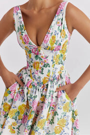 Floral V-Neck Sleeveless Midi Dress with Pockets.