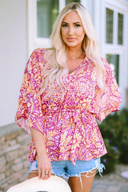 Floral V-neck tie front ruffled blouse.