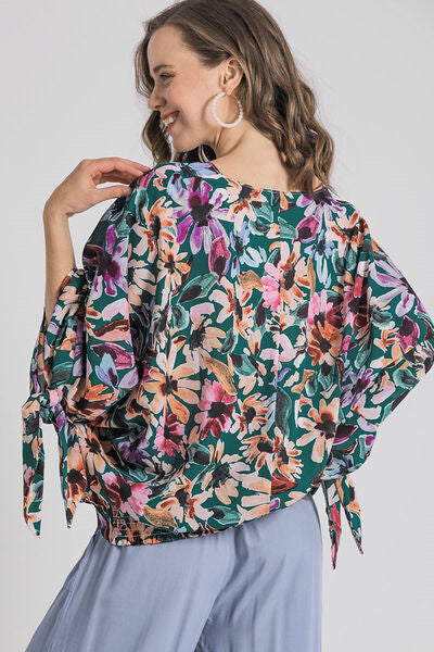 Umgee full size floral V-neck tie sleeve blouse, plus size.