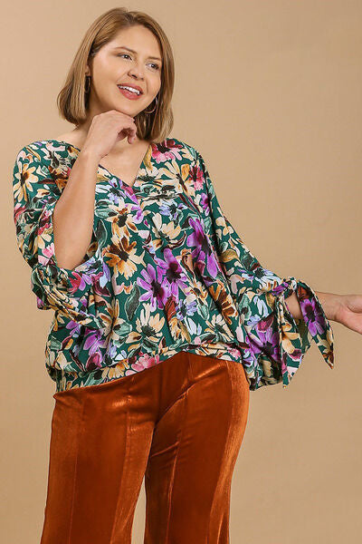 Umgee full size floral V-neck tie sleeve blouse, plus size.