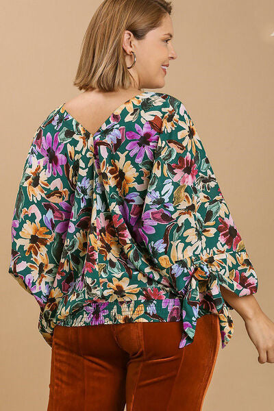 Umgee full size floral V-neck tie sleeve blouse, plus size.
