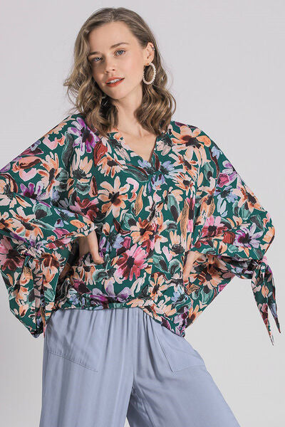 Umgee full size floral V-neck tie sleeve blouse, plus size.