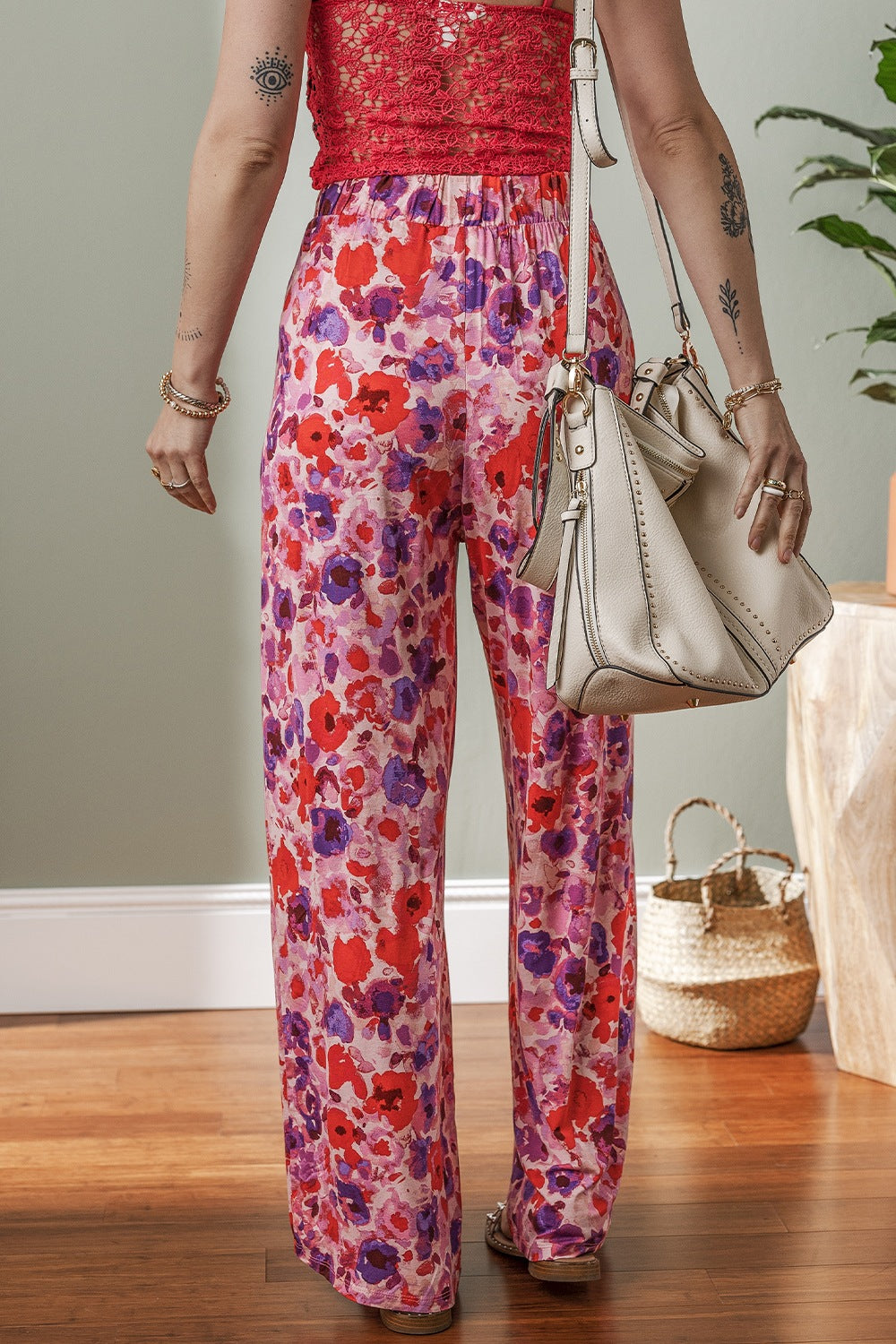 Floral wide leg elastic high waist pants, opaque.