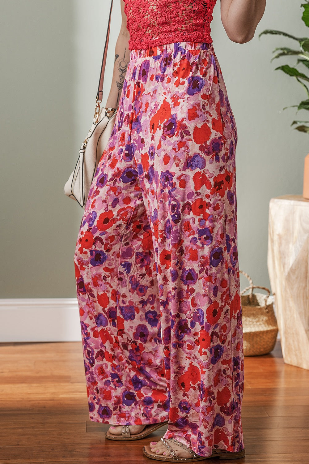 Floral wide leg elastic high waist pants, opaque.