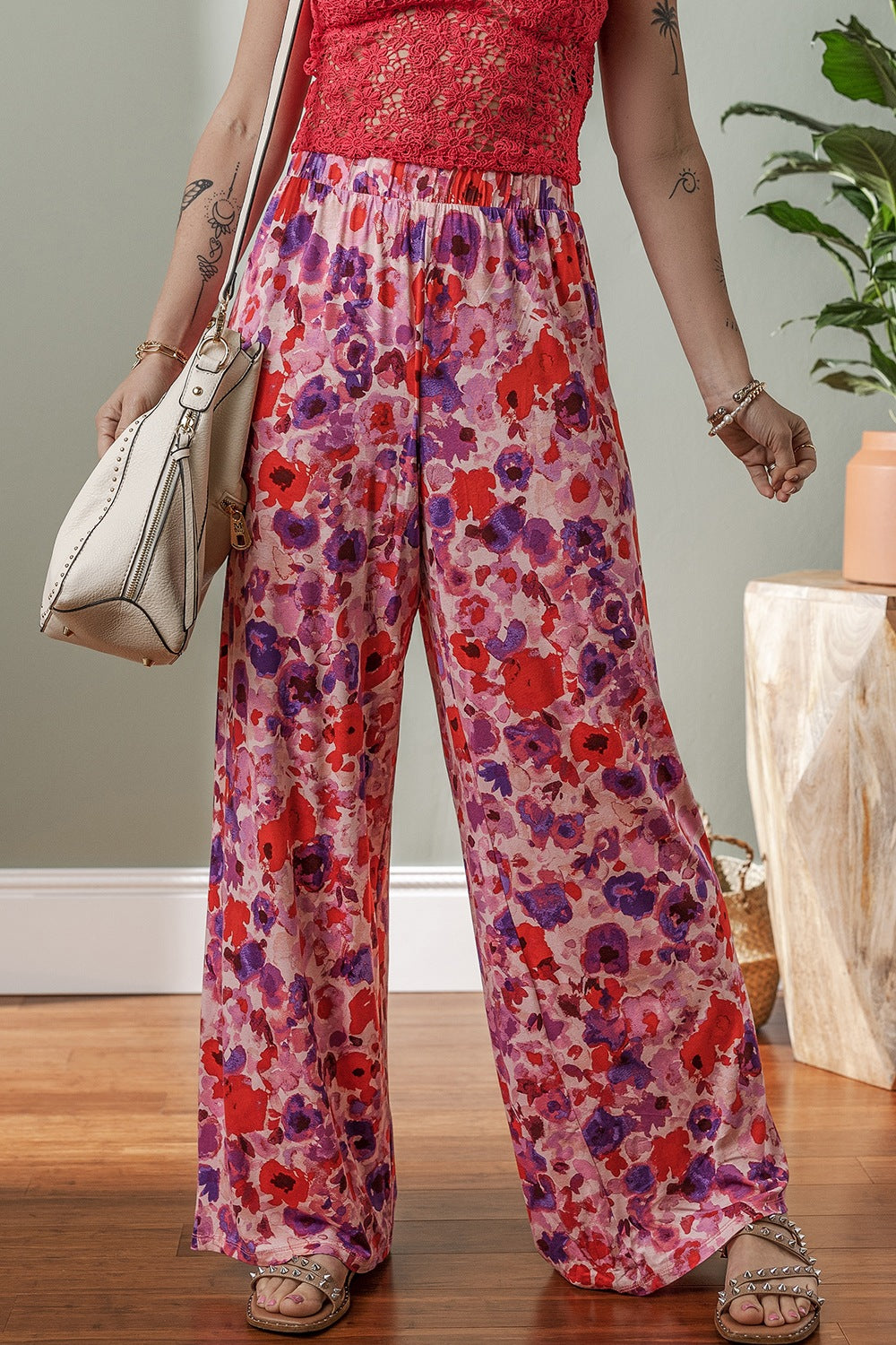 Floral wide leg elastic high waist pants, opaque.