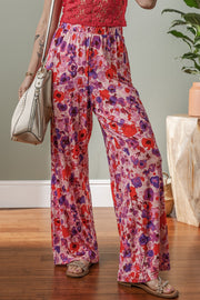 Floral wide leg elastic high waist pants, opaque.
