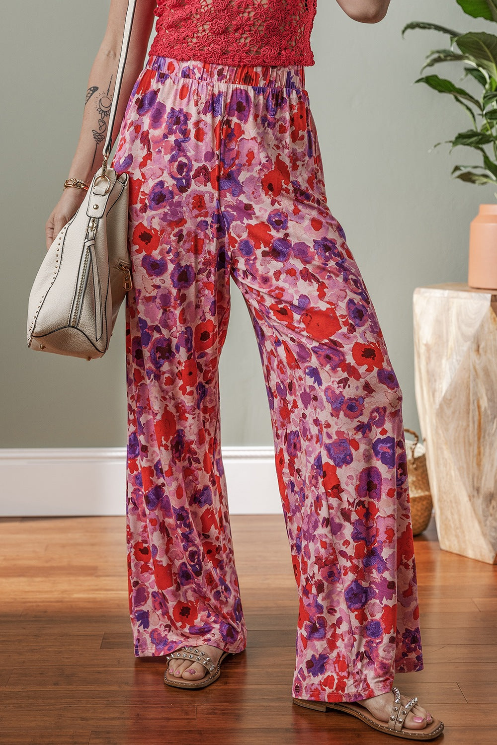 Floral wide leg elastic high waist pants, opaque.