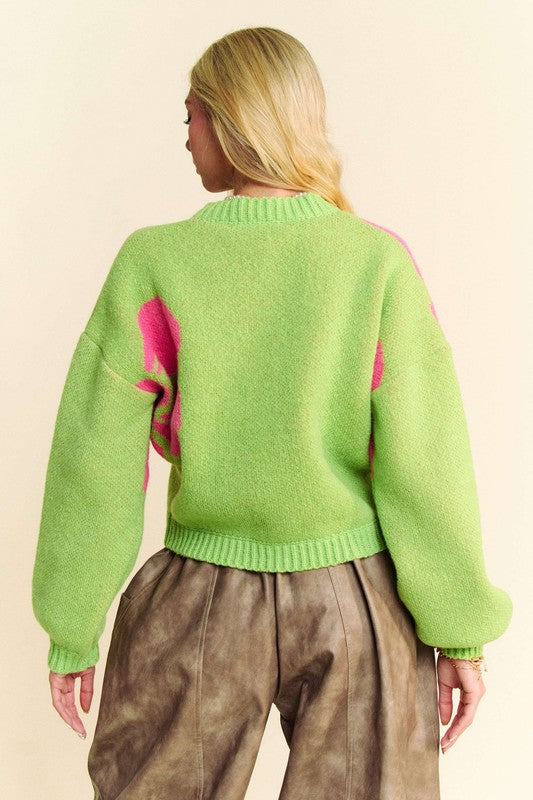 Flower contrast round neck long sleeve cardigan with ribbed and buttoned details.