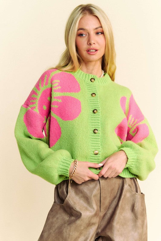 Flower contrast round neck long sleeve cardigan with ribbed and buttoned details.
