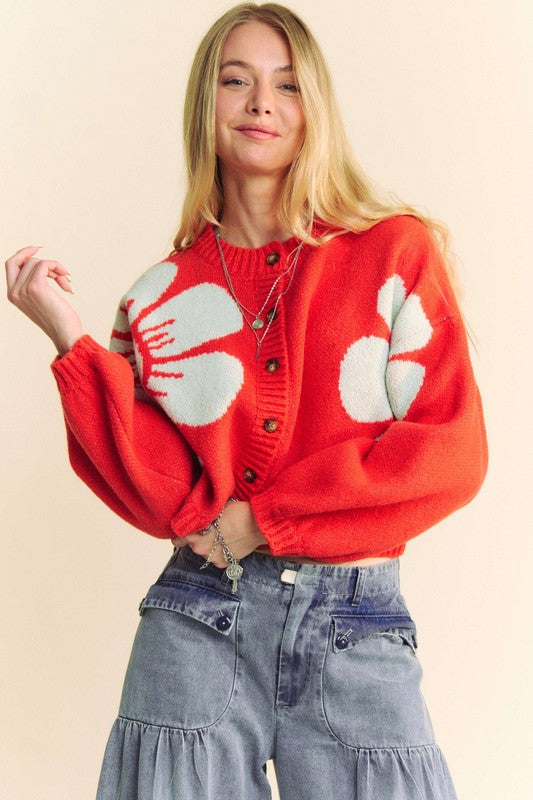 Flower contrast round neck long sleeve cardigan with ribbed and buttoned details.