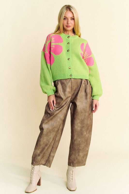 Flower contrast round neck long sleeve cardigan with ribbed and buttoned details.