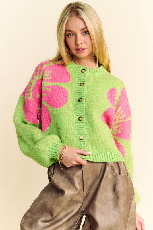 Flower contrast round neck long sleeve cardigan with ribbed and buttoned details.