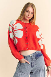 Flower contrast round neck long sleeve cardigan with ribbed and buttoned details.