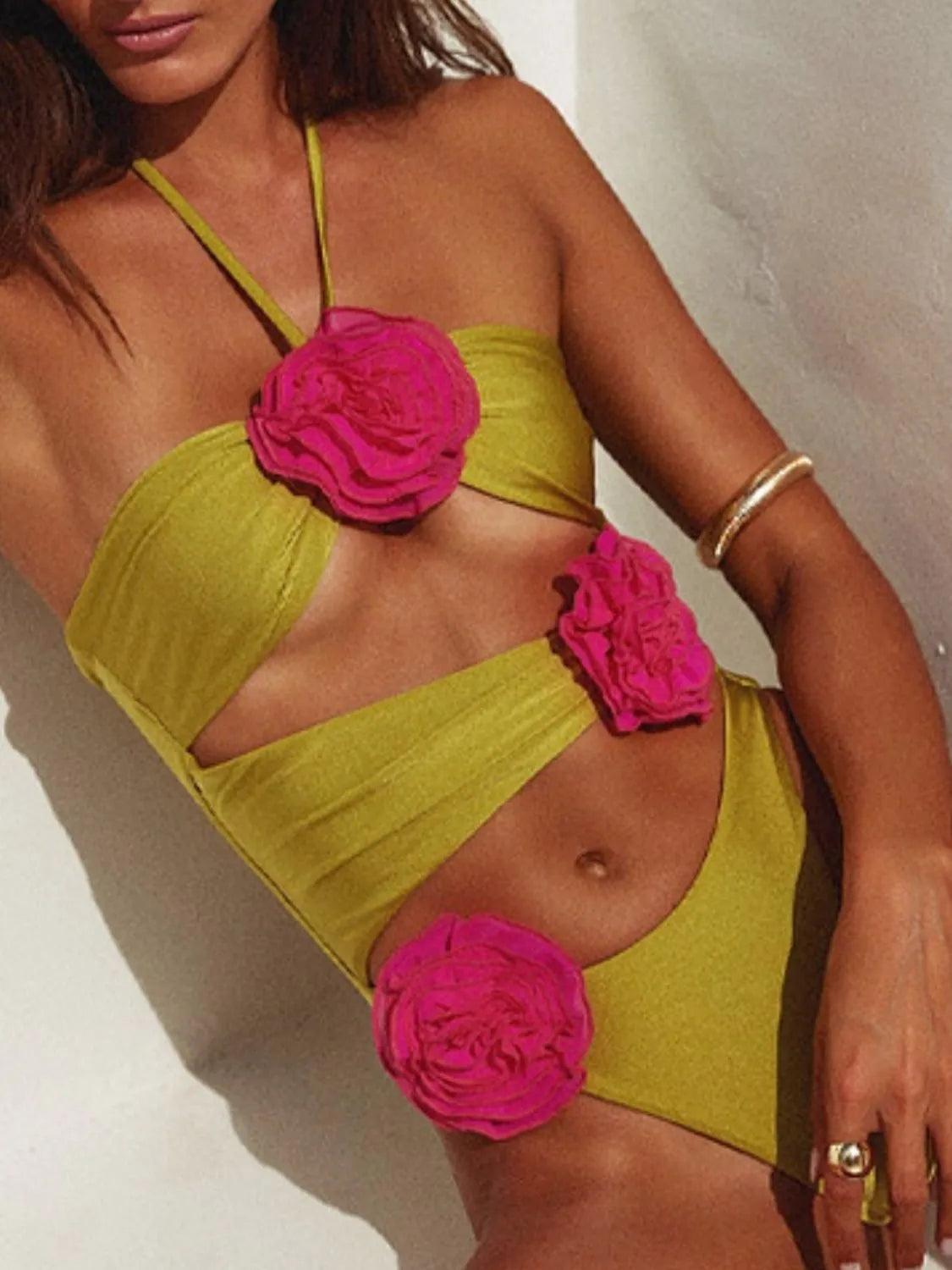 Flower Cutout Halter Neck One-Piece Swimwear with Tied Detail.