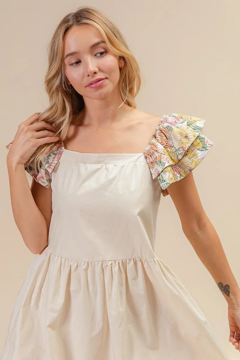 Bibi Flower Embroidered Floral Print Sleeve Dress.