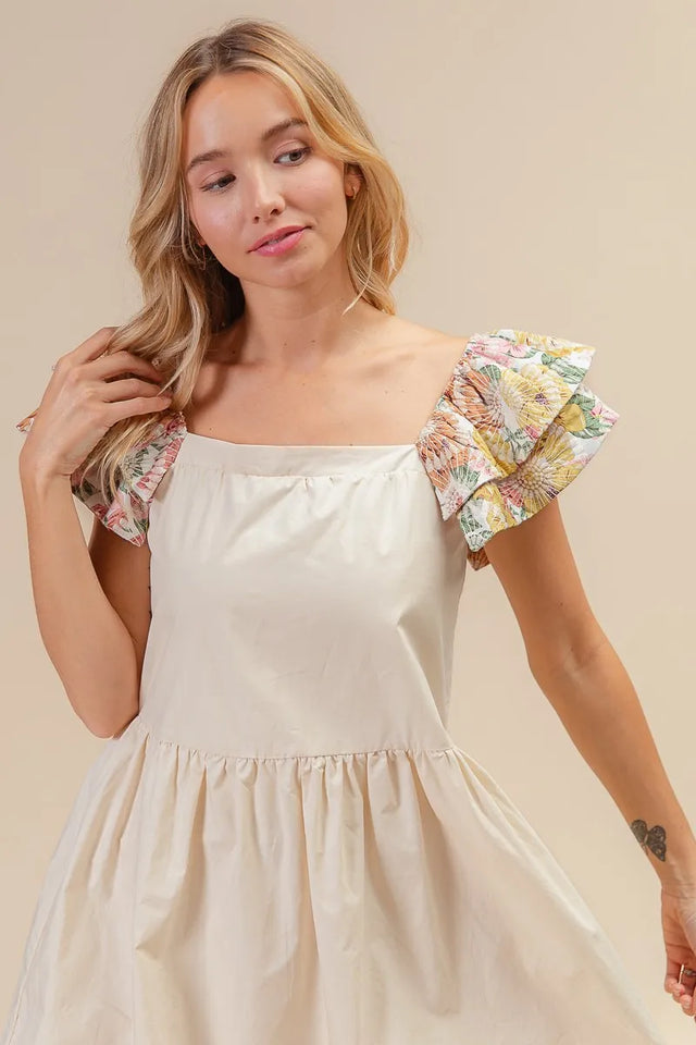 Bibi Flower Embroidered Floral Print Sleeve Dress.