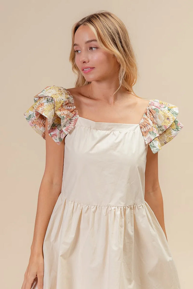 Bibi Flower Embroidered Floral Print Sleeve Dress.