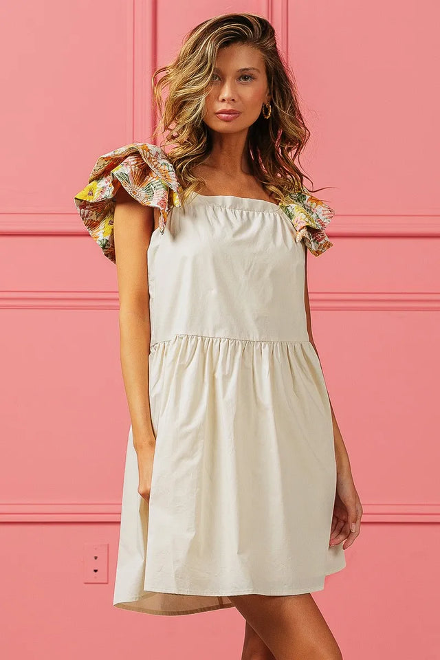 Bibi Flower Embroidered Floral Print Sleeve Dress.