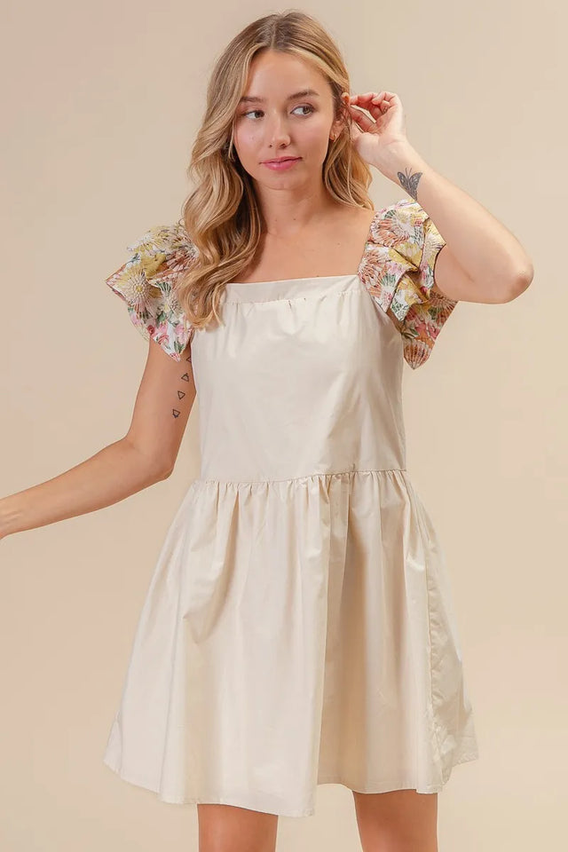 Bibi Flower Embroidered Floral Print Sleeve Dress.
