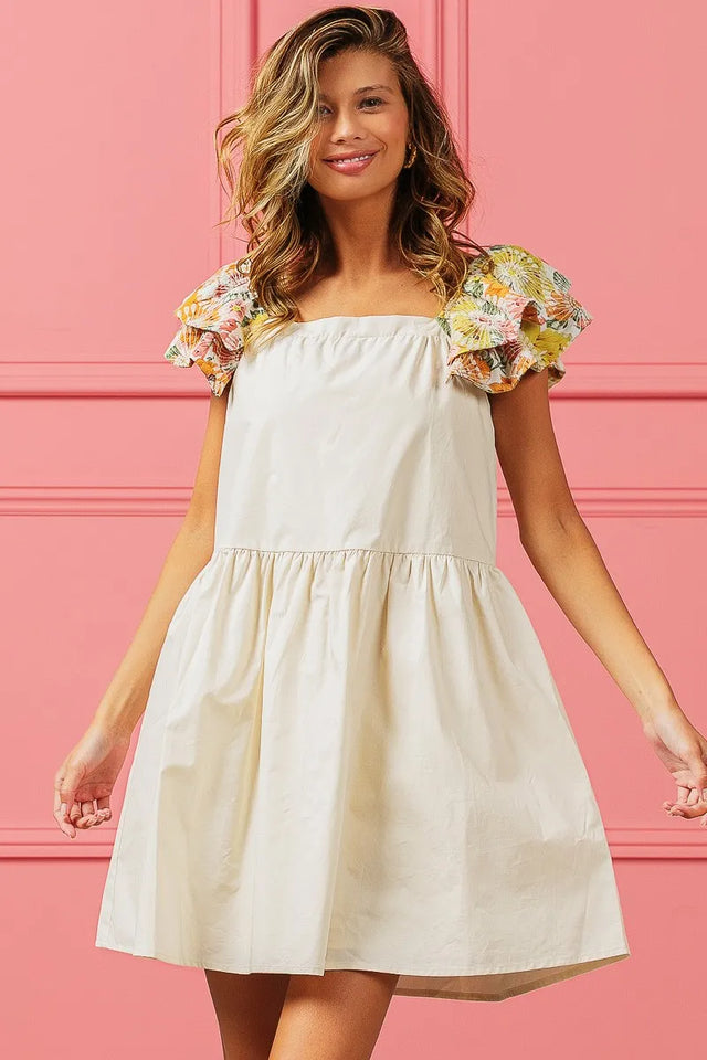 Bibi Flower Embroidered Floral Print Sleeve Dress.