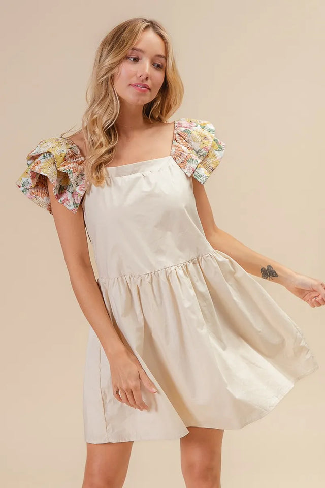 Bibi Flower Embroidered Floral Print Sleeve Dress.