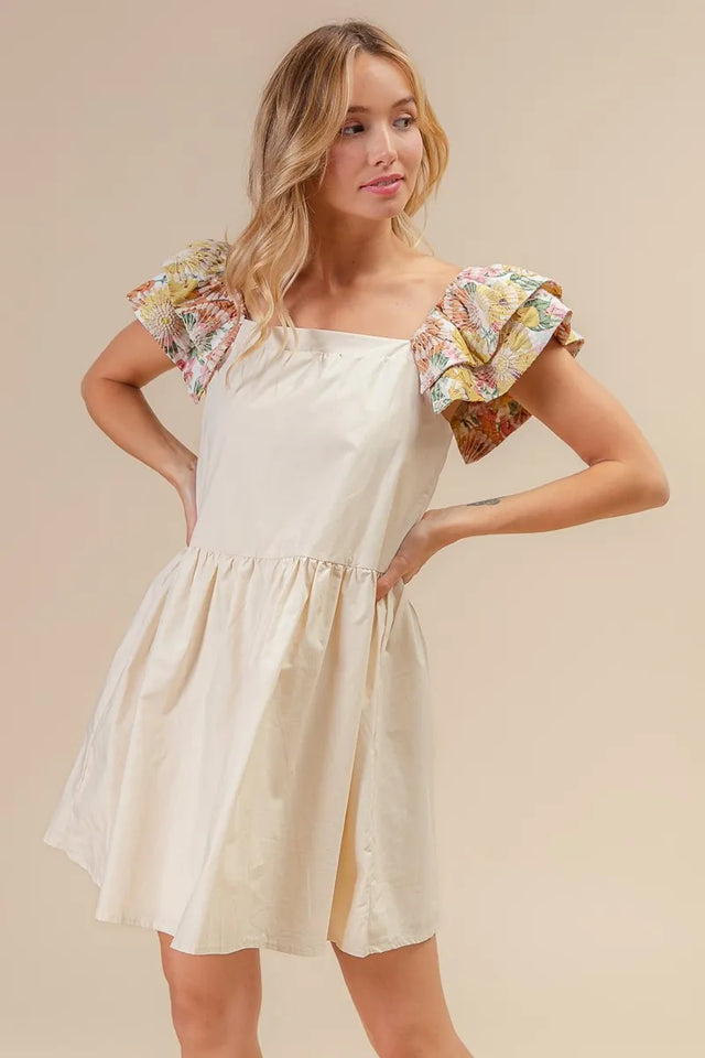 Bibi Flower Embroidered Floral Print Sleeve Dress.